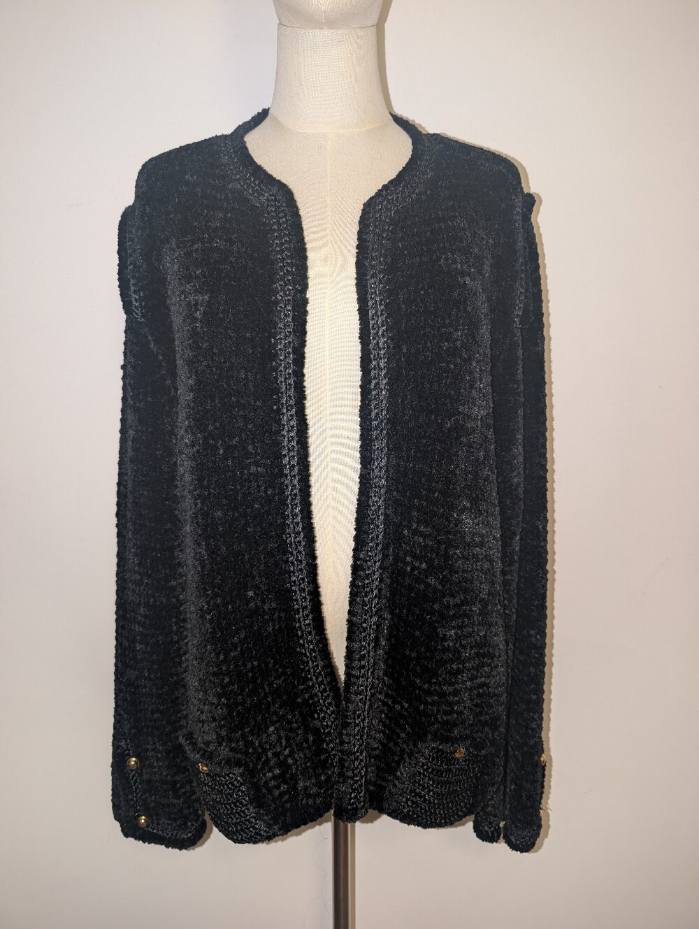 Vintage Black Open-Front Plush Sweater Cardigan With Good Detail